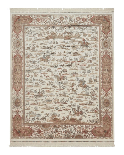 Large Turkish Silk Rug 8x10, Ivory, Hunting Design, Bamboo Silk, New