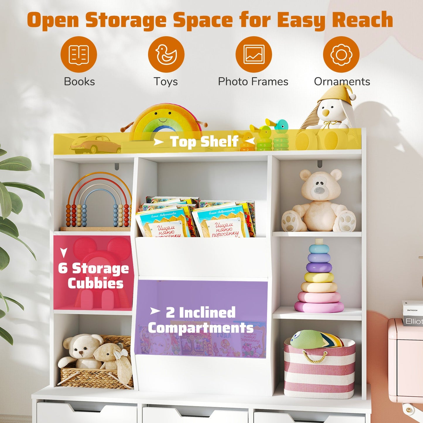 47" Children Bookcase Toy Storage Organizer Versatile Storage Cabinet-White