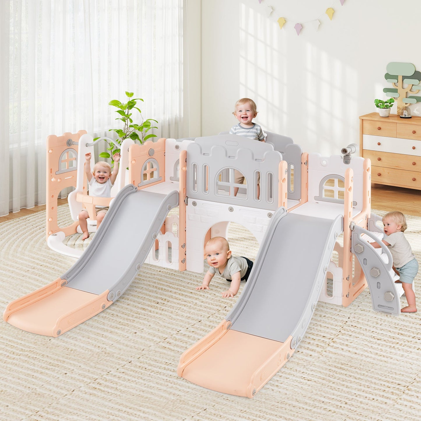10-in-1 Toddler Slide and Swing Set with Double Slides and Tunnel