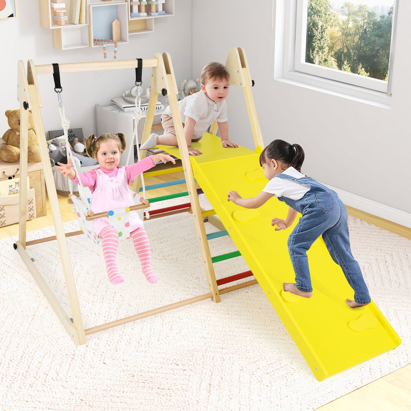 4-in-1 Indoor Jungle Gym with Baby Swing and Climbing Ramp