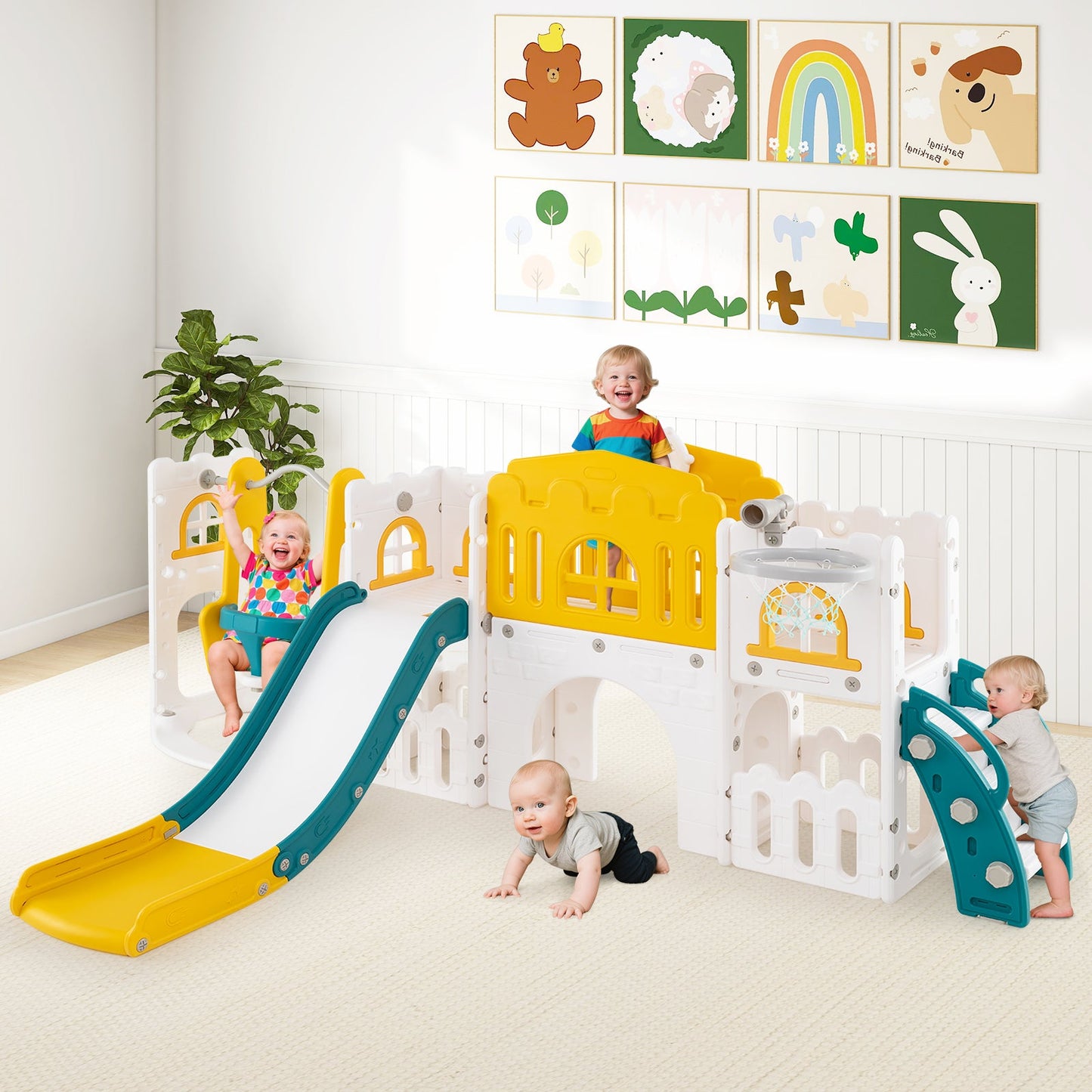 10-in-1 Toddler Swing and Slide Set Climber Playset with Basketball Hoop