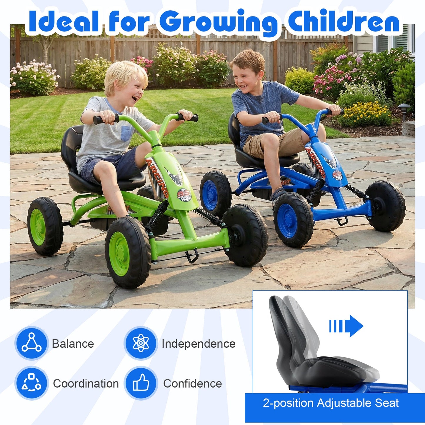 Go Kart for Kids 4 Wheel with Steering Handlebars and Adjustable Seat