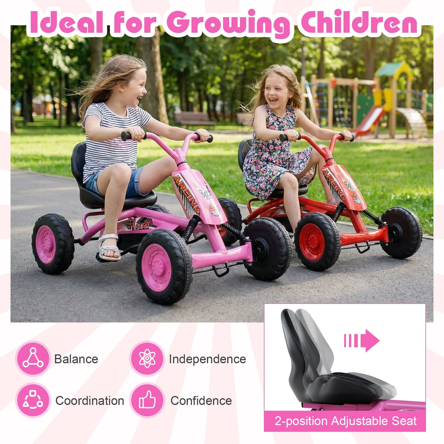 Go Kart for Kids 4 Wheel with Steering Handlebars and Adjustable Seat