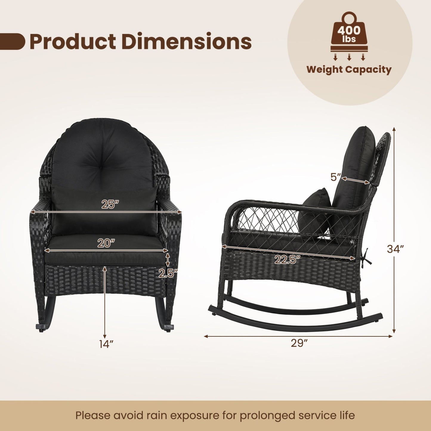 Outdoor Wicker Rocking Chair with Cushions and Anti-Tip Stoppers