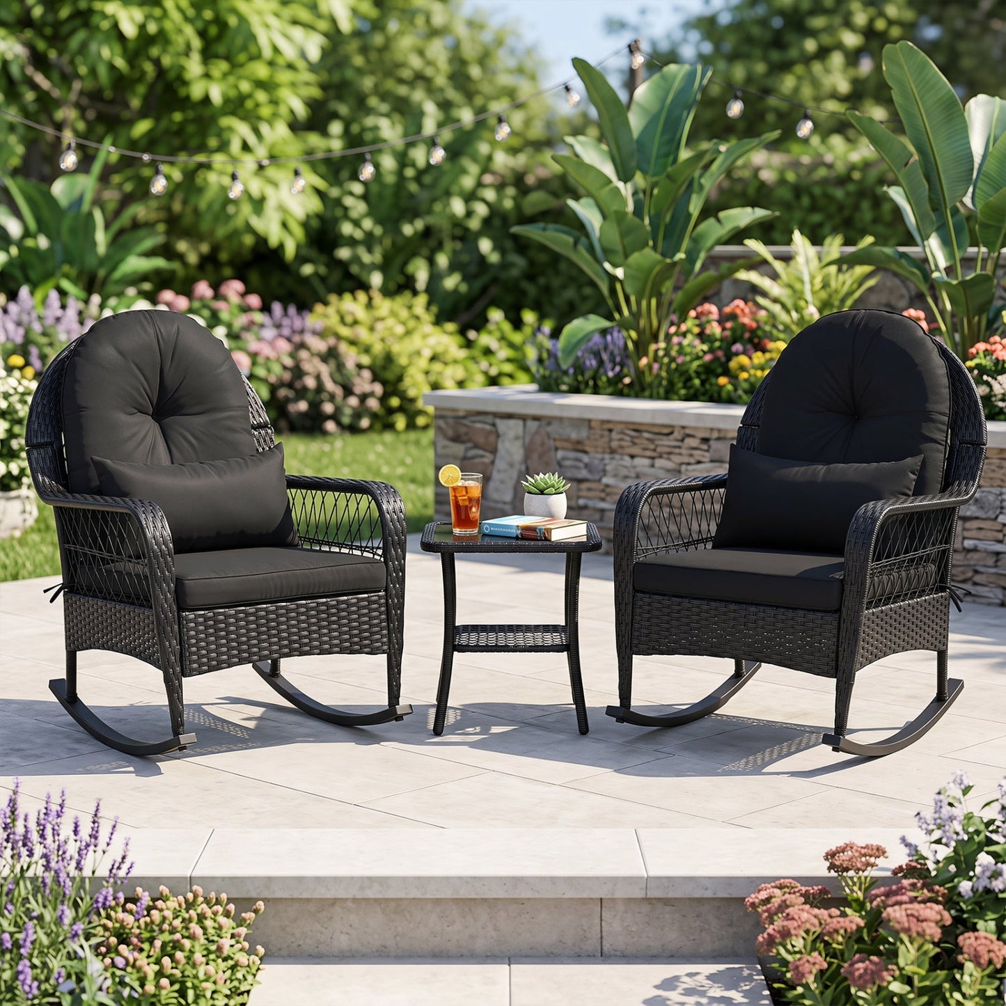 Outdoor Wicker Rocking Chair with Cushions and Anti-Tip Stoppers
