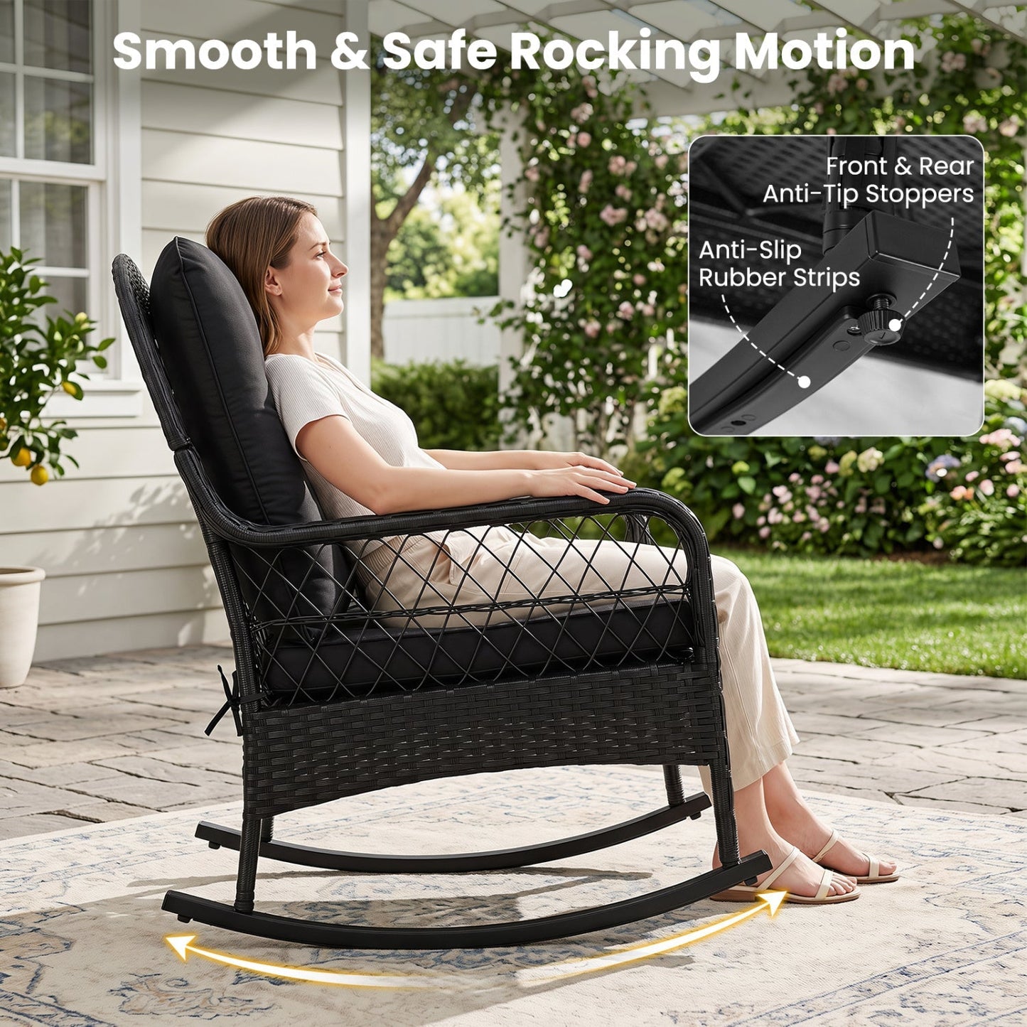 Outdoor Wicker Rocking Chair with Cushions and Anti-Tip Stoppers