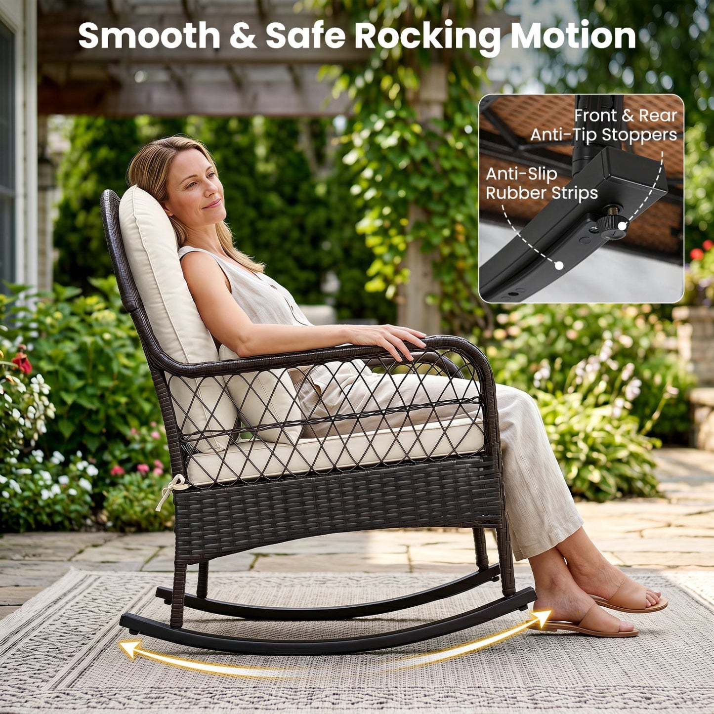 Outdoor Wicker Rocking Chair with Cushions - 400 LBS Capacity