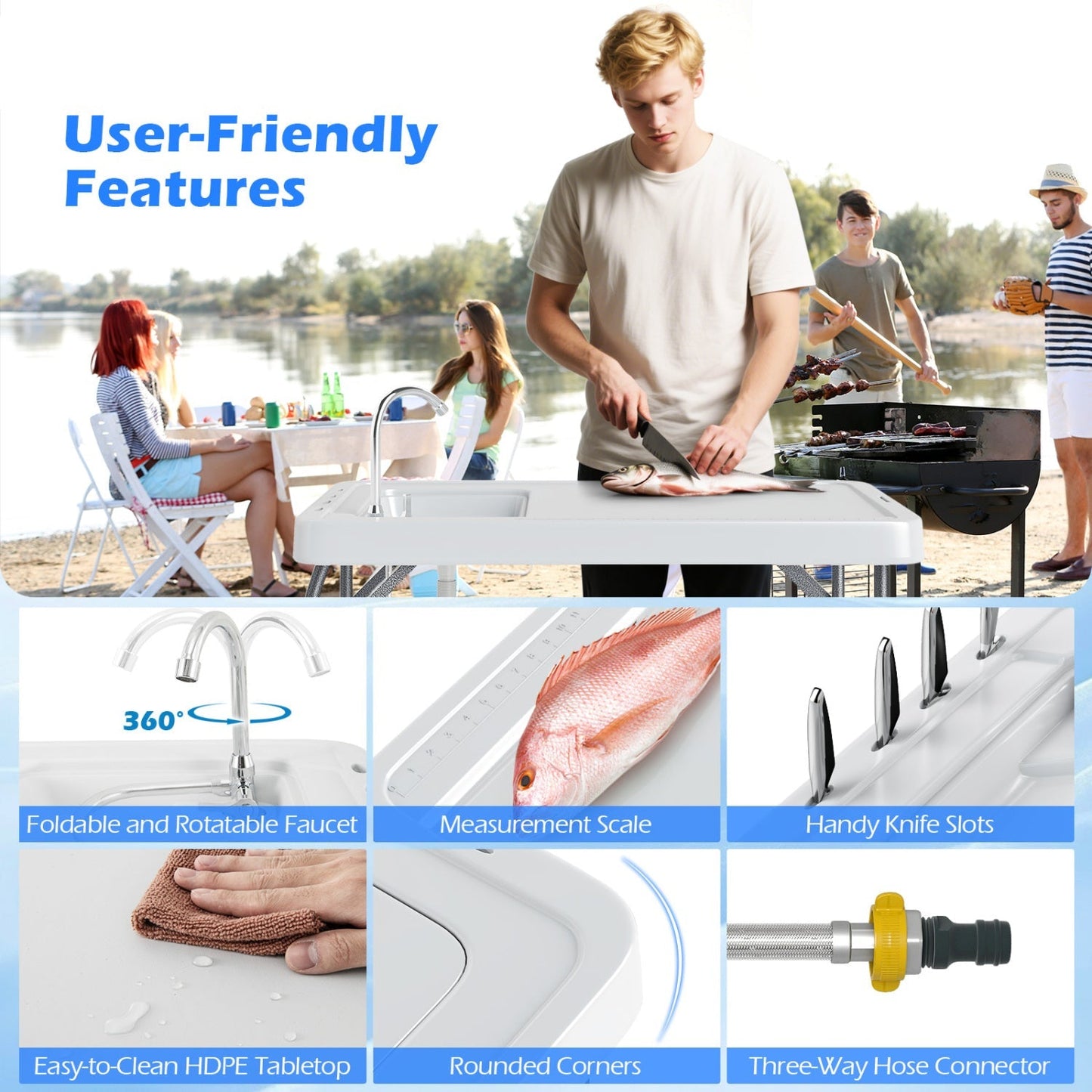 Folding Fish Cleaning Table with Sink and Rotatable Faucet