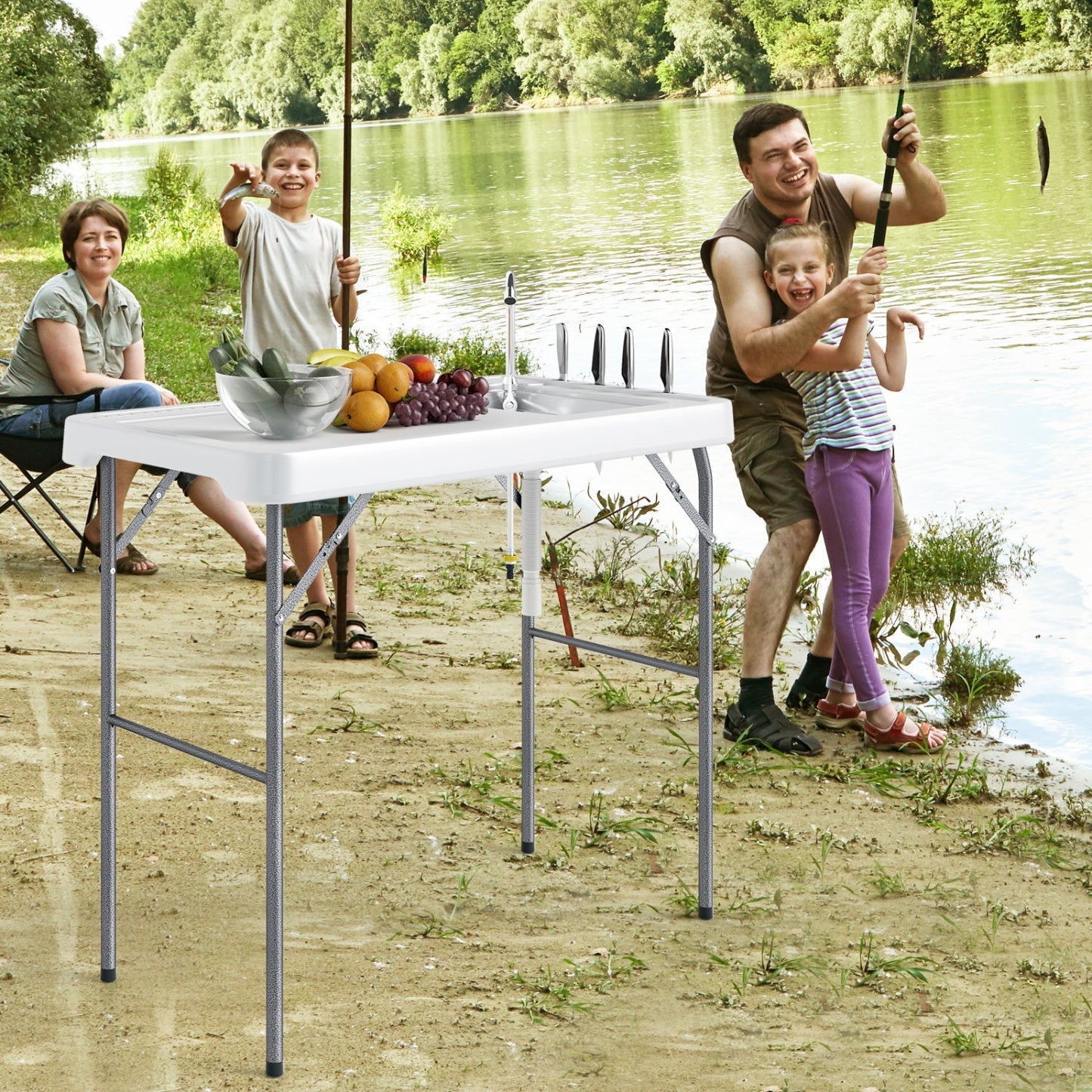 Folding Fish Cleaning Table with Sink and Rotatable Faucet