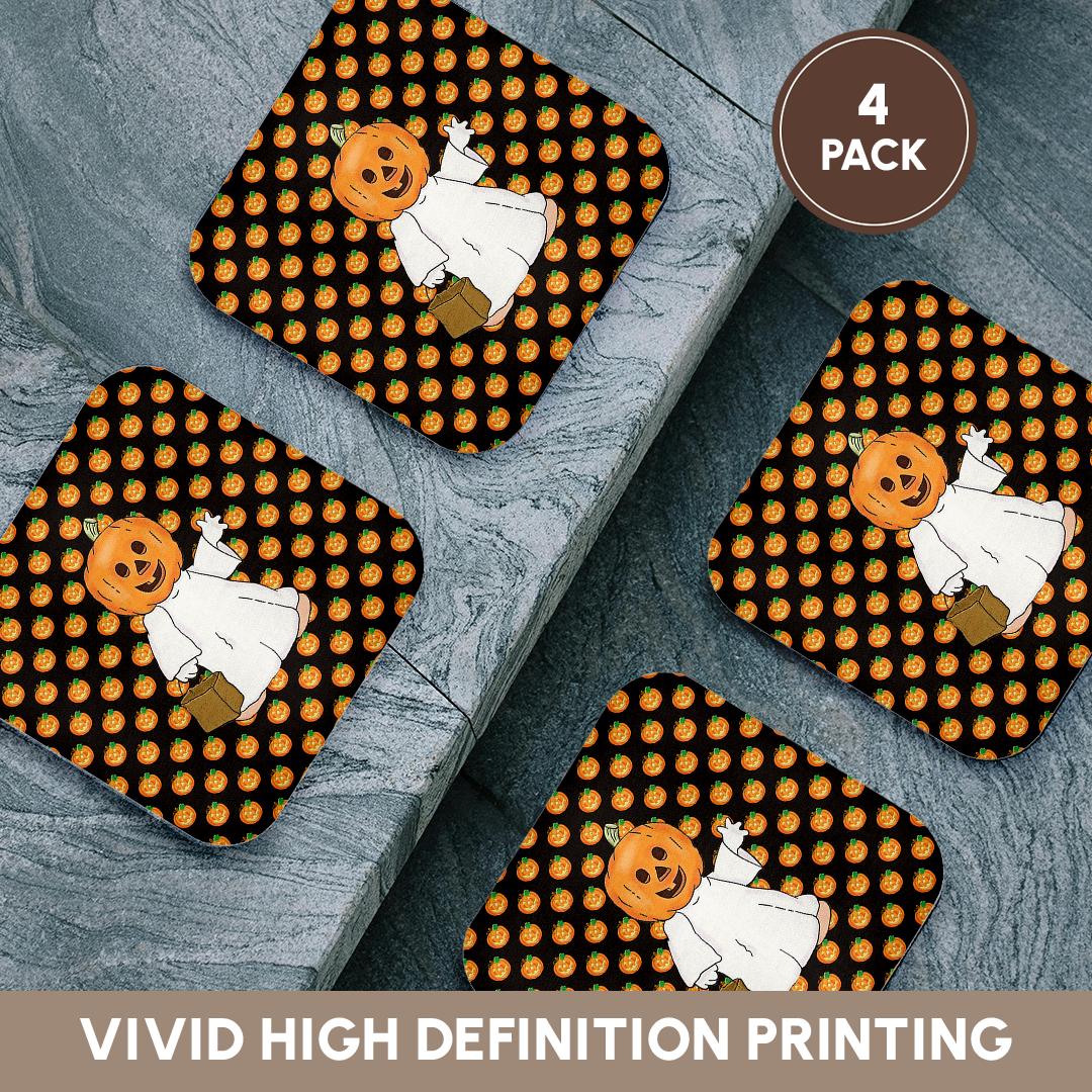 3dRose Beverly Turner Halloween Design - Pumpkin Head and White Sheet, Trick or Treat Bag, Pumpkin Design - Coasters